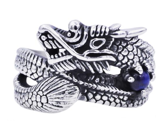 Men's Genuine Blue Tiger Eye Stainless Steel Dragon Ring