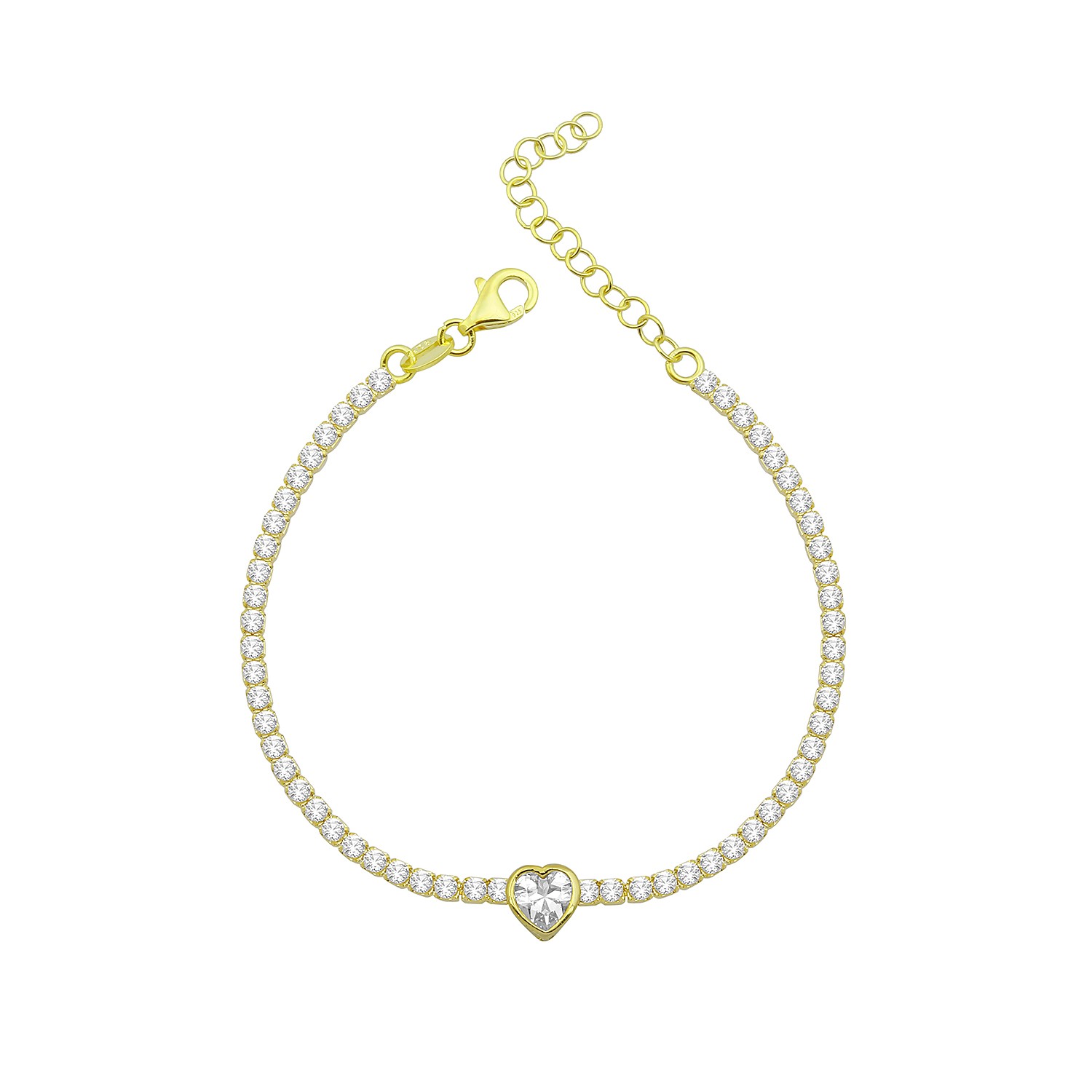 Sterling Silver Yellow Gold Plated Heart Center Stone Tennis Bracelet With Cubic Zirconia