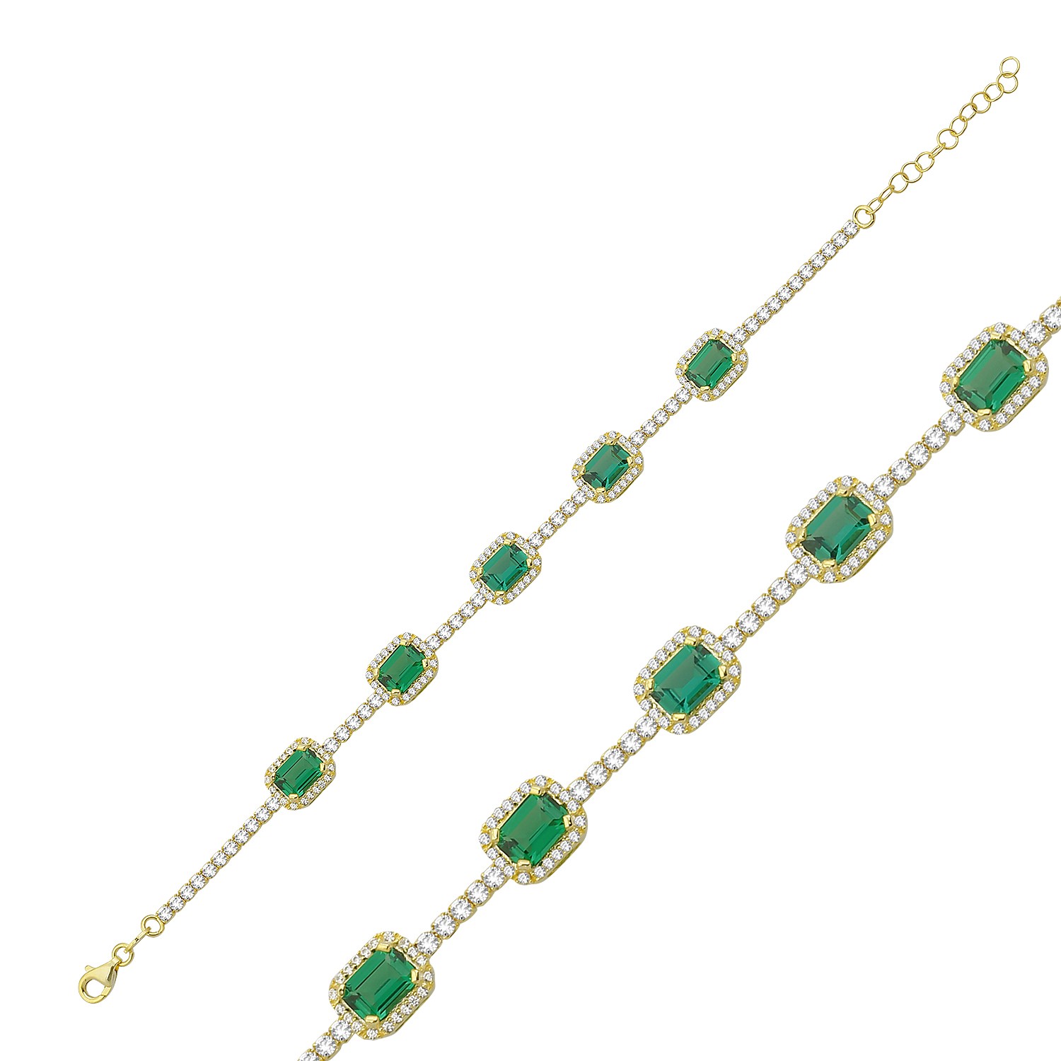 Sterling Silver Yellow Gold Plated Tennis Bracelet With Emerald Green & White Cubic Zirconia