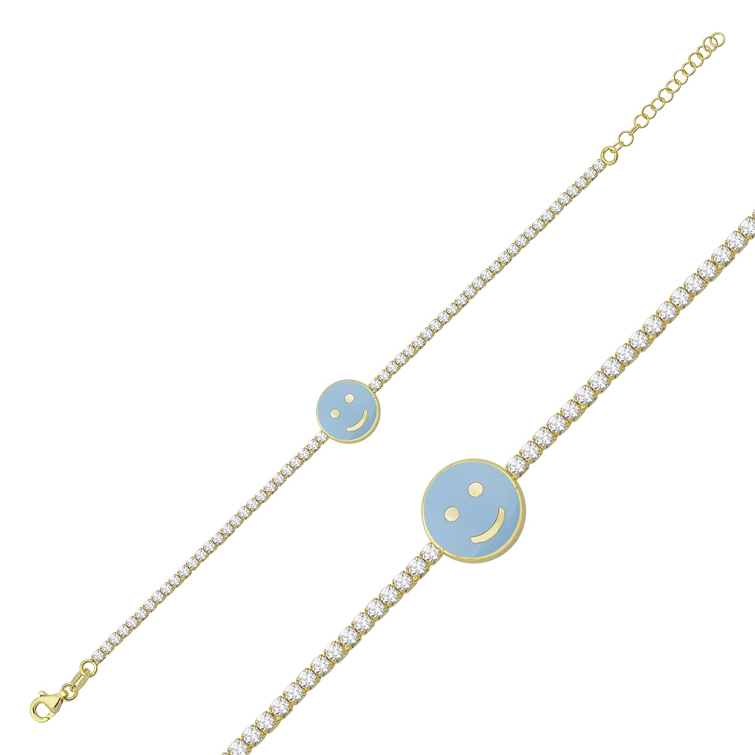 Sterling Silver Yellow Gold Plated Smiley Face Tennis Bracelet With Baby Blue Enamel & Cubic Zirconia