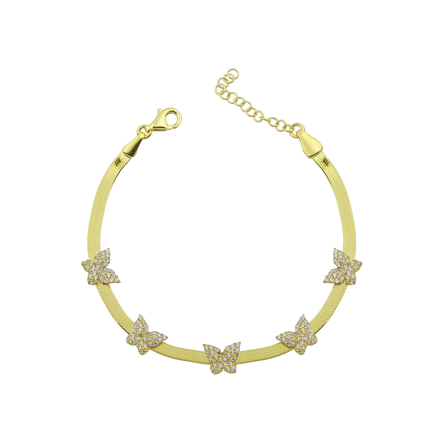 Sterling Silver Yellow Gold Plated Butterfly Charm Herringbone Bracelet With White Cubic Zirconia