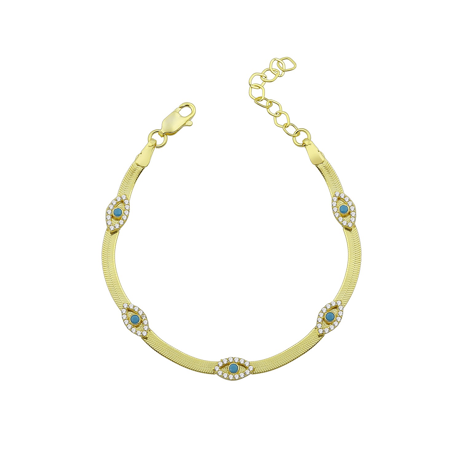 Sterling Silver Yellow Gold Plated Evil Eye Charm Herringbone Bracelet With Turquoise & White Cubic Zirconia