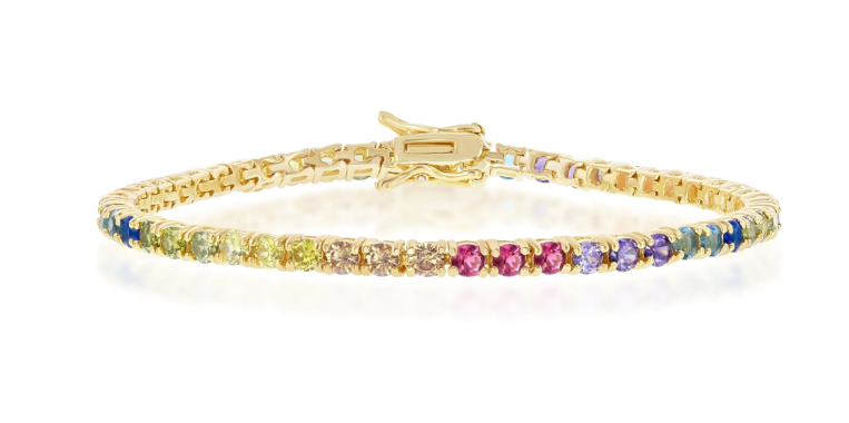925 Sterling Silver Yellow Gold Plated 3mm Round Cut Rainbow CZ Tennis Bracelet 7.5"