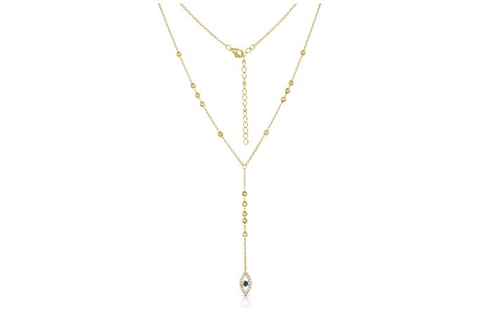 Sterling Silver Yellow Gold Plated Evil Eye Lariat Necklace With CZ 16+2"