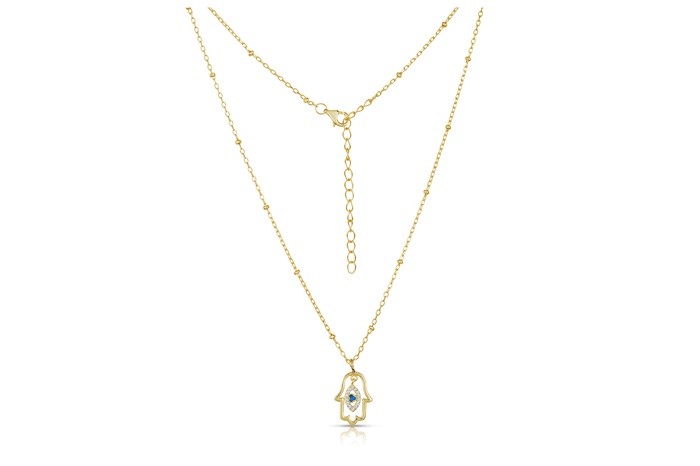 Sterling Silver Yellow Gold Plated Hamsa & Evil Eye Necklace With CZ 16+2"