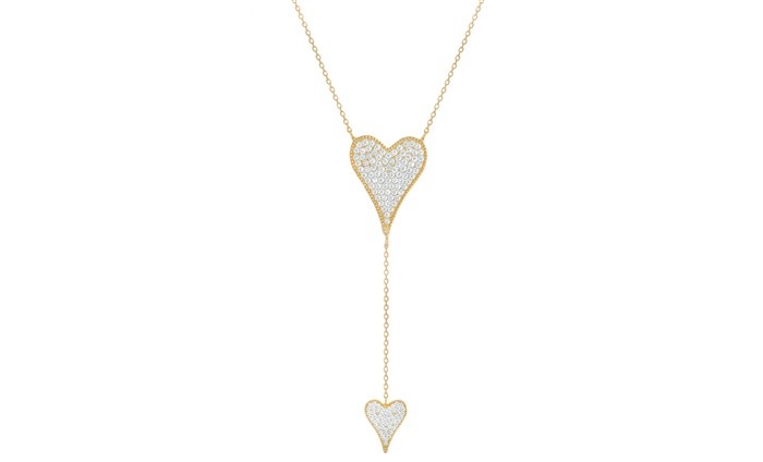 Sterling Silver Yellow Gold Plated Double Heart Pave Necklace With CZ 16+2"