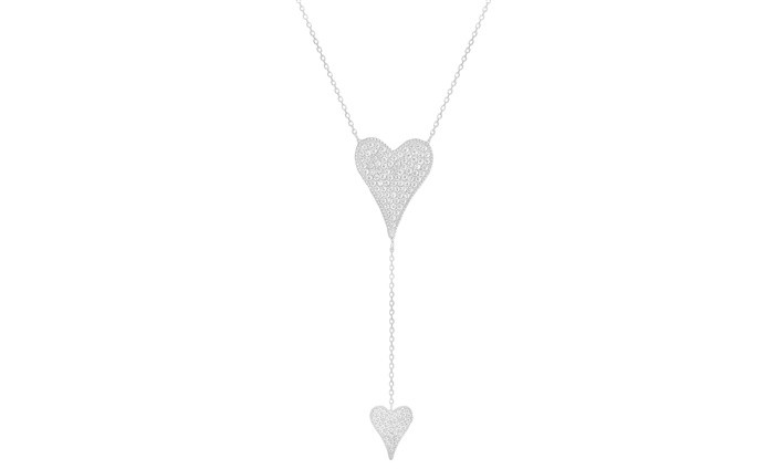 Sterling Silver Rhodium Plated Double Heart Pave Necklace With CZ 16+2"