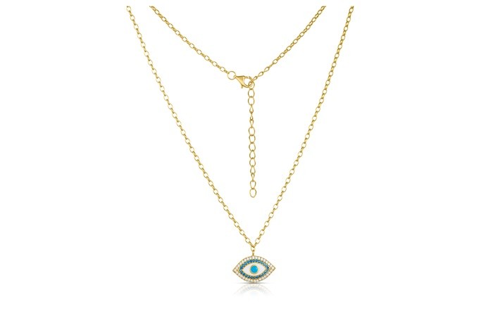 Sterling Silver Yellow Gold Plated Evil Eye Necklace With Enamel & CZ 16+2"