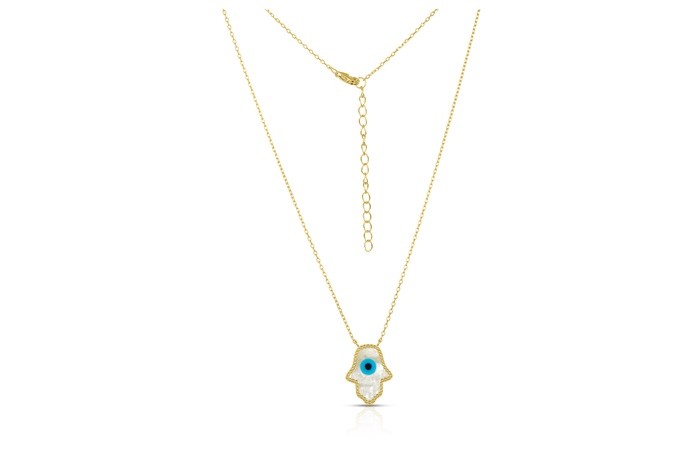 Sterling Silver Yellow Gold Plated Hamsa Necklace With Mother Of Pearl 16+2"