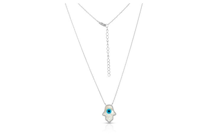 Sterling Silver Rhodium Plated Hamsa Necklace With Mother Of Pearl 16+2"