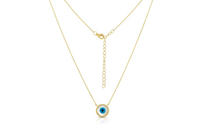 Sterling Silver Yellow Gold Plated Round Evil Eye Necklace With Mother Of Pearl 16+2"