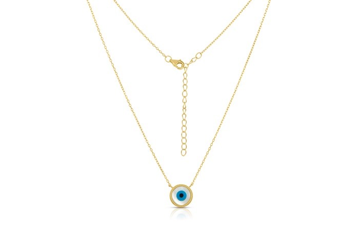 Sterling Silver Yellow Gold Plated Round Evil Eye Necklace With Mother Of Pearl 16+2"