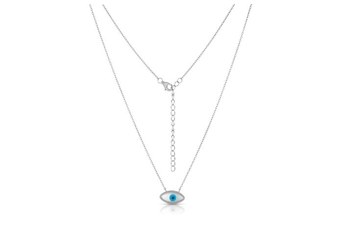 Sterling Silver Rhodium Plated Evil Eye Necklace With Mother Of Pearl 16+2"