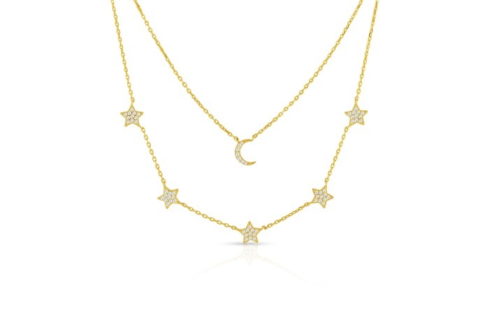 Sterling Silver Yellow Gold Plated 2 Layers Star & Moon Necklace With CZ 16+14+2"