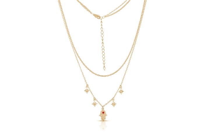 Sterling Silver Yellow Gold Plated 2 Layers Hamsa & Star Necklace With CZ 16+14+2"