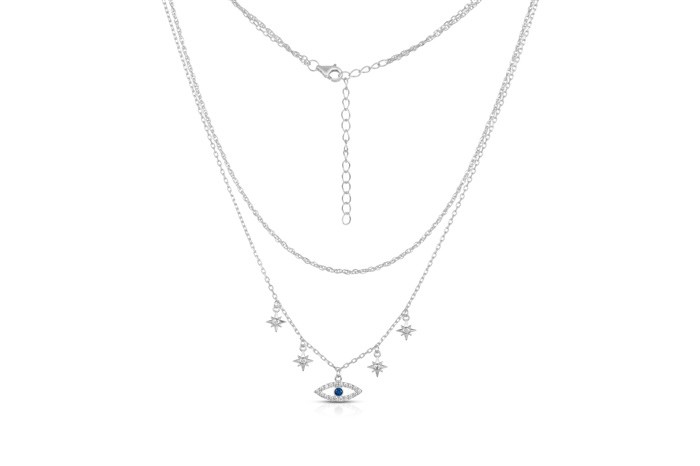 Sterling Silver Rhodium Plated 2 Layers Evil Eye & Star Necklace With CZ 16+14+2"