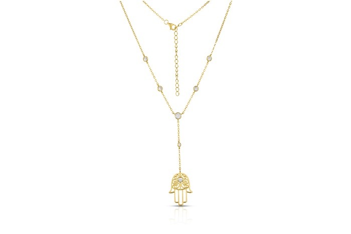 Sterling Silver Yellow Gold Plated Hamsa Lariat Necklace With CZ 16+2"
