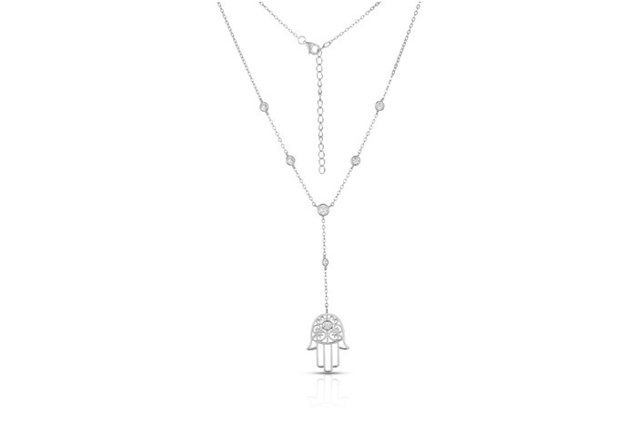 Sterling Silver Rhodium Plated Hamsa Lariat Necklace With CZ 16+2"