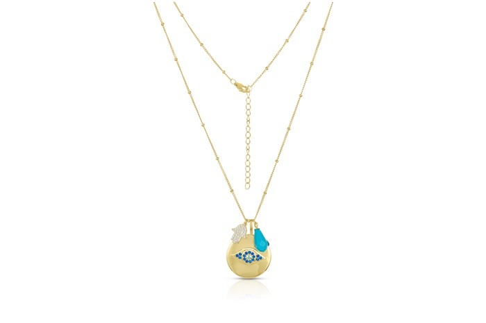 Sterling Silver Yellow Gold Plated Evil Eye Disk Necklace With Turquoise & CZ 20+2"