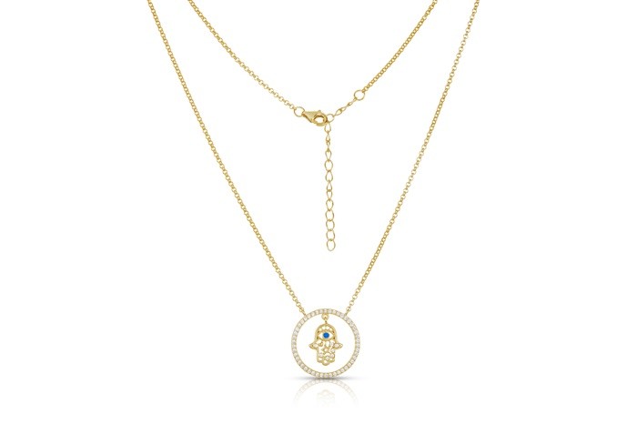 Sterling Silver Yellow Gold Plated Hamsa Necklace With CZ 16+2"