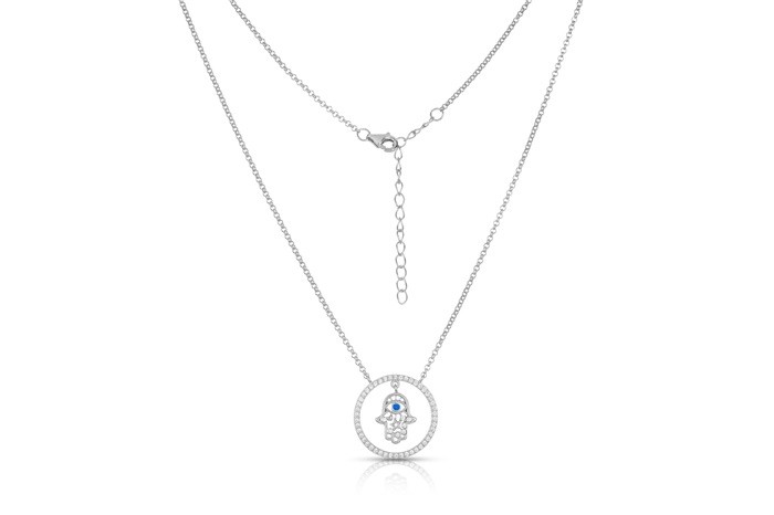 Sterling Silver Rhodium Plated Hamsa Necklace With CZ 16+2"