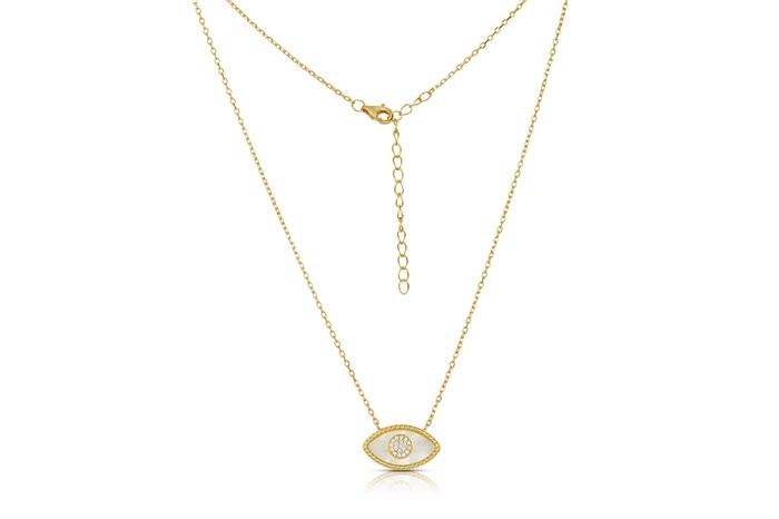 Sterling Silver Yellow Gold Plated Evil Eye Necklace With Mother Of Pearl & CZ 16+2"