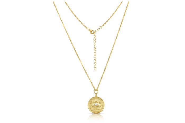 Sterling Silver Yellow Gold Plated Evil Eye Necklace With CZ 16+2"