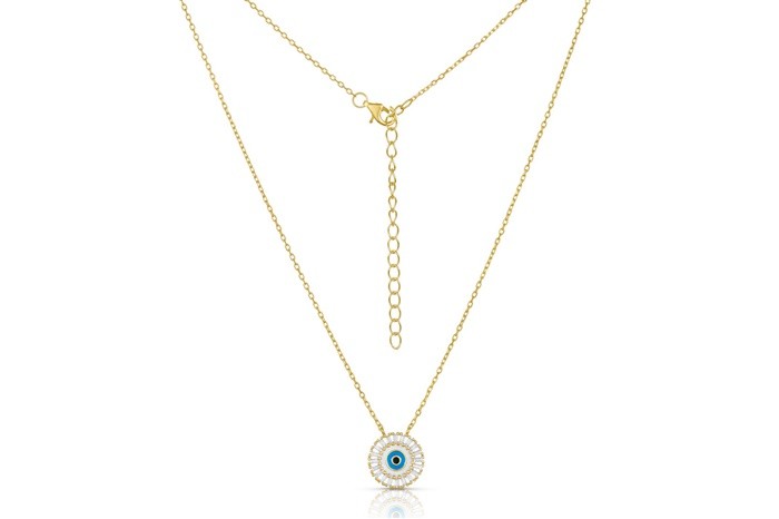 Sterling Silver Yellow Gold Plated Evil Eye Necklace With Enamel & CZ 16+2"