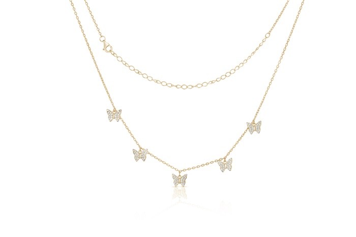 Sterling Silver Yellow Gold Plated Butterfly Charm Necklace With CZ 14+4"