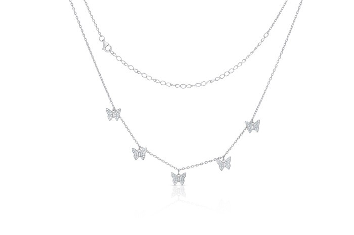 Sterling Silver Rhodium Plated Butterfly Charm Necklace With CZ 14+4"