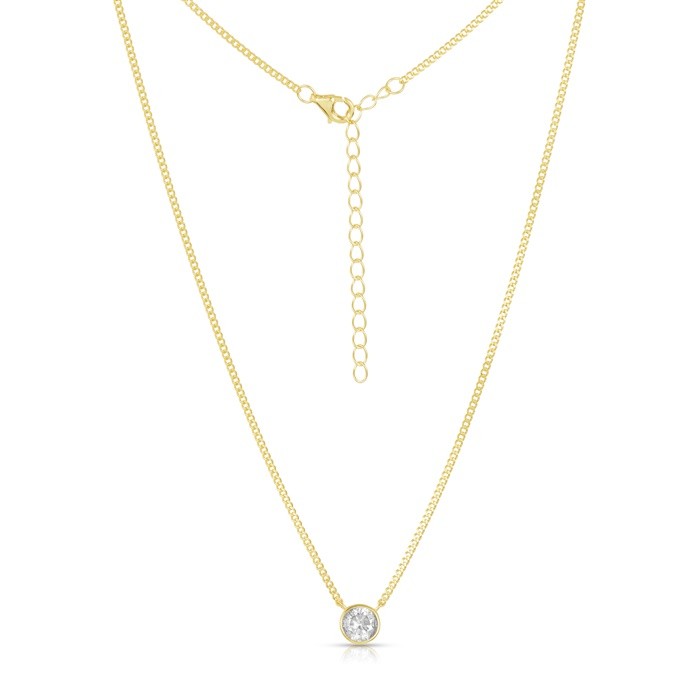 Sterling Silver Yellow Gold Plated Bezel Setting Solitaire Necklace With CZ 16+2"