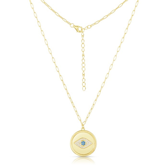 Sterling Silver Yellow Gold Plated Evil Eye Disk Necklace With CZ 16+2"