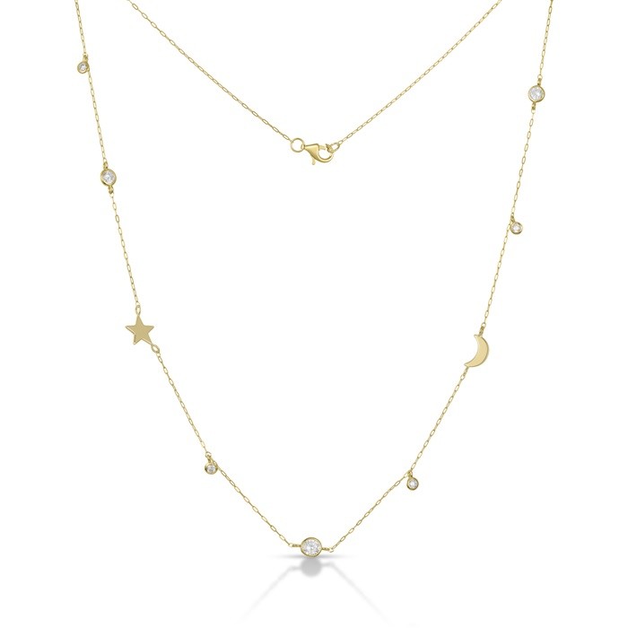Sterling Silver Yellow Gold Plated Star & Moon Charm Necklace With CZ