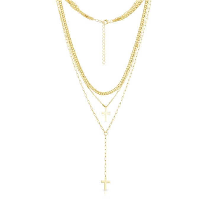 Sterling Silver Yellow Gold Plated 3 Layers Cross Necklace
