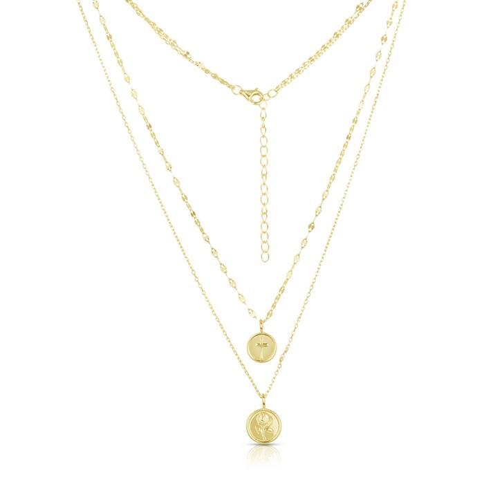Sterling Silver Yellow Gold Plated 3 Layers Cross & Flower Necklace 18+16+2"