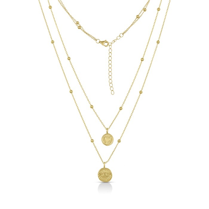 Sterling Silver Yellow Gold Plated 2 Layers Evil Eye & Heart Necklace 16+2"