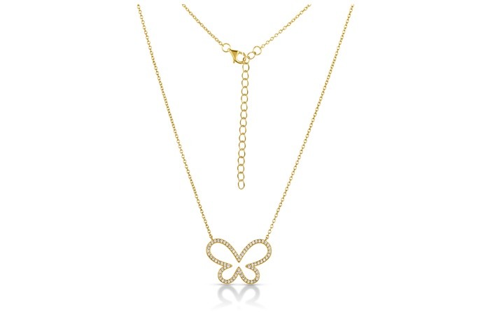 Sterling Silver Yellow Gold Plated Butterfly Necklace With CZ 16+2"
