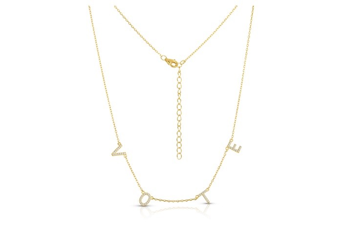 Sterling Silver Yellow Gold Plated Vote Necklace With CZ 16+2"