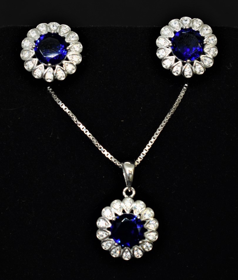 925 Sterling Silver Set With Sapphire and Cubic Zirconia