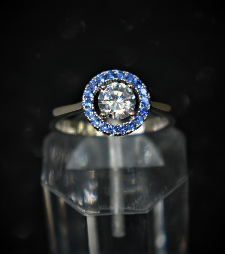 925 Sterling Silver Fashion Ring With Blue and White Cubic Zirconia