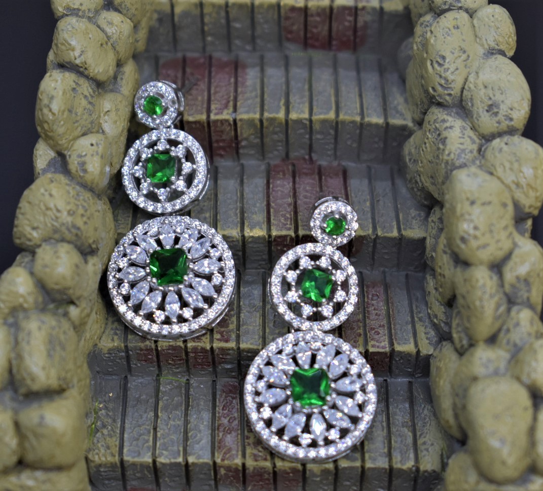 925 Sterling Silver Cubic Zirconia and Emerald Chandelier Earrings