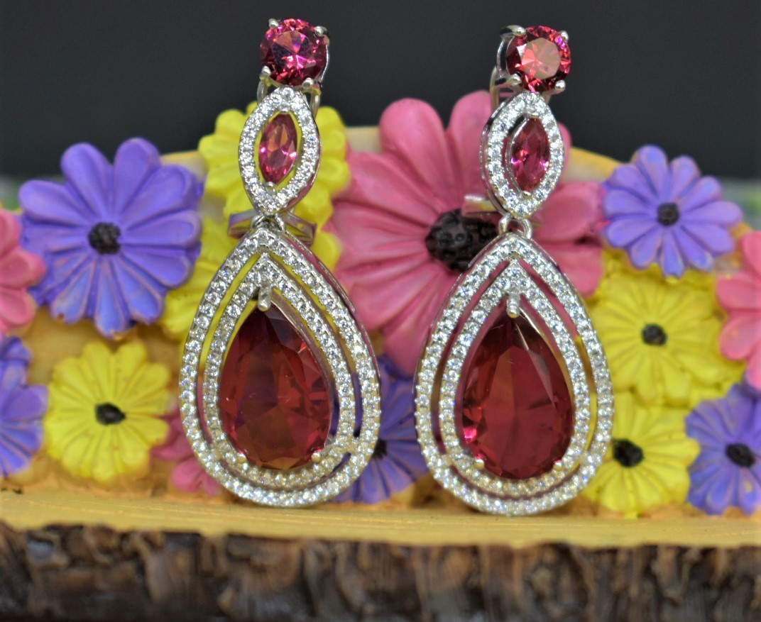 925 Sterling Silver Cubic Zirconia and Ruby Chandelier Earrings