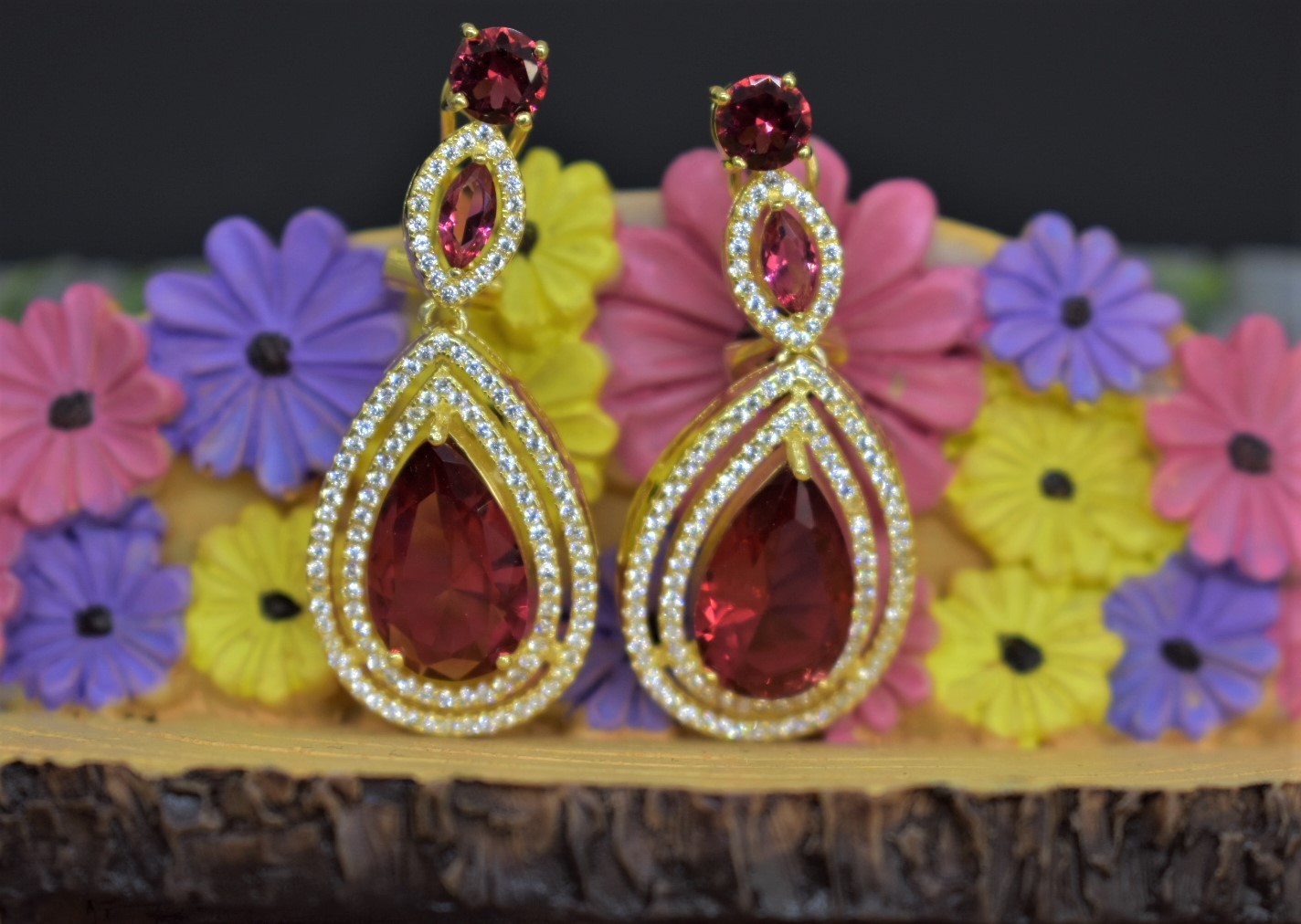 925 Sterling Silver Yellow Gold Plated Cubic Zirconia and Ruby Chandelier Earrings