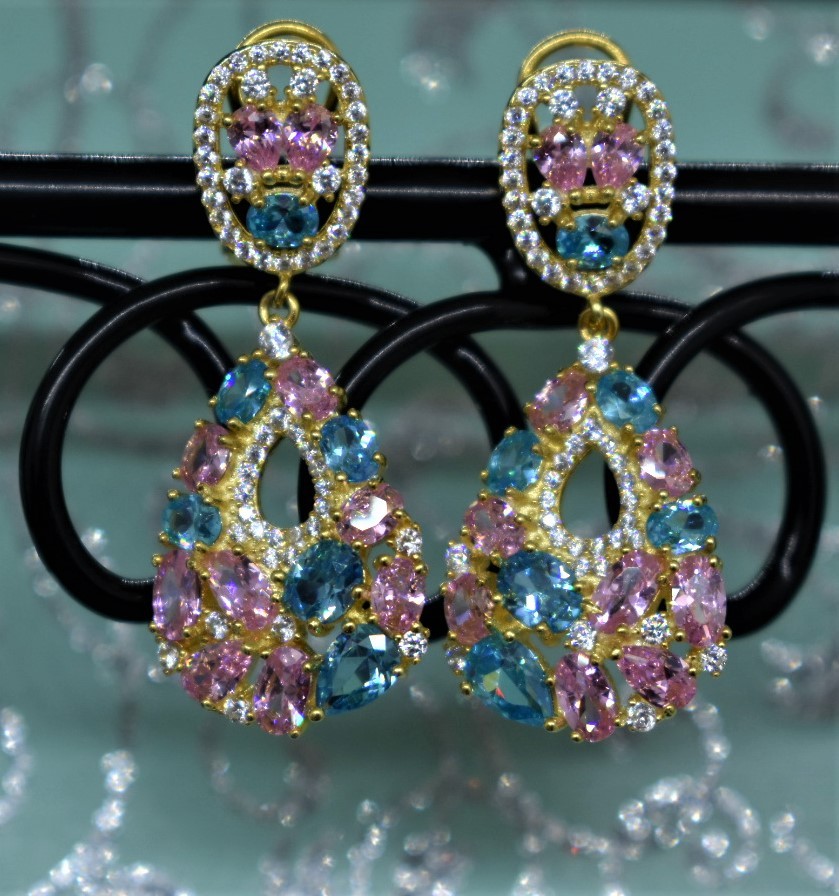 925 Sterling Silver Yellow Gold Plated Multicolor Chandelier Earrings