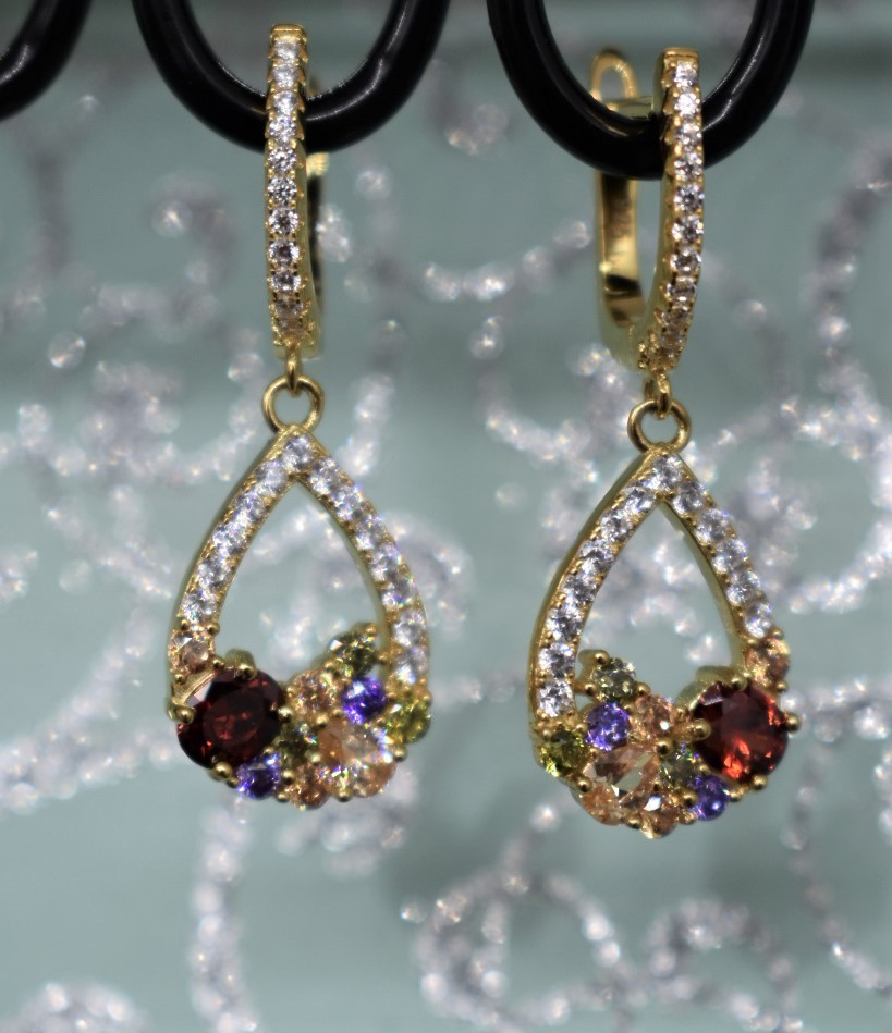 925 Sterling Silver Yellow Gold Plated Multicolor Chandelier Earrings