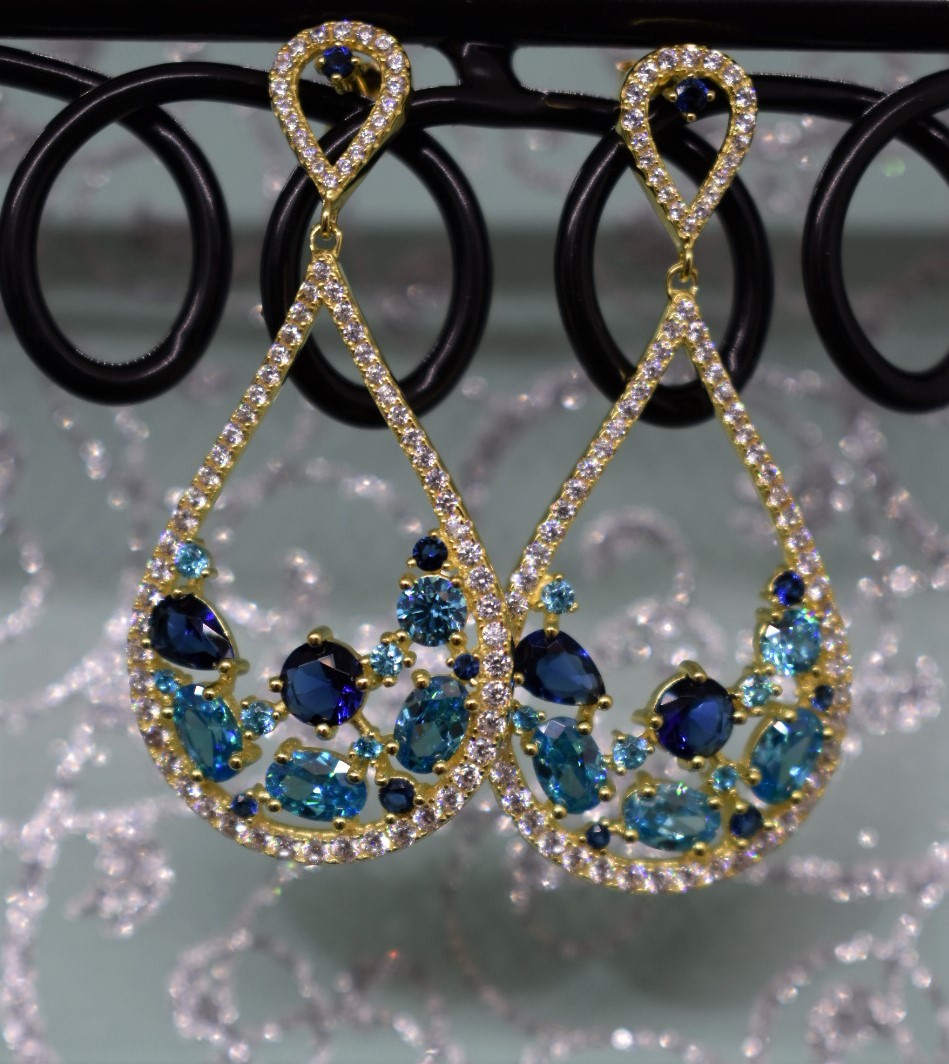 925 Sterling Silver Yellow Gold Plated Multicolor Chandelier Earrings