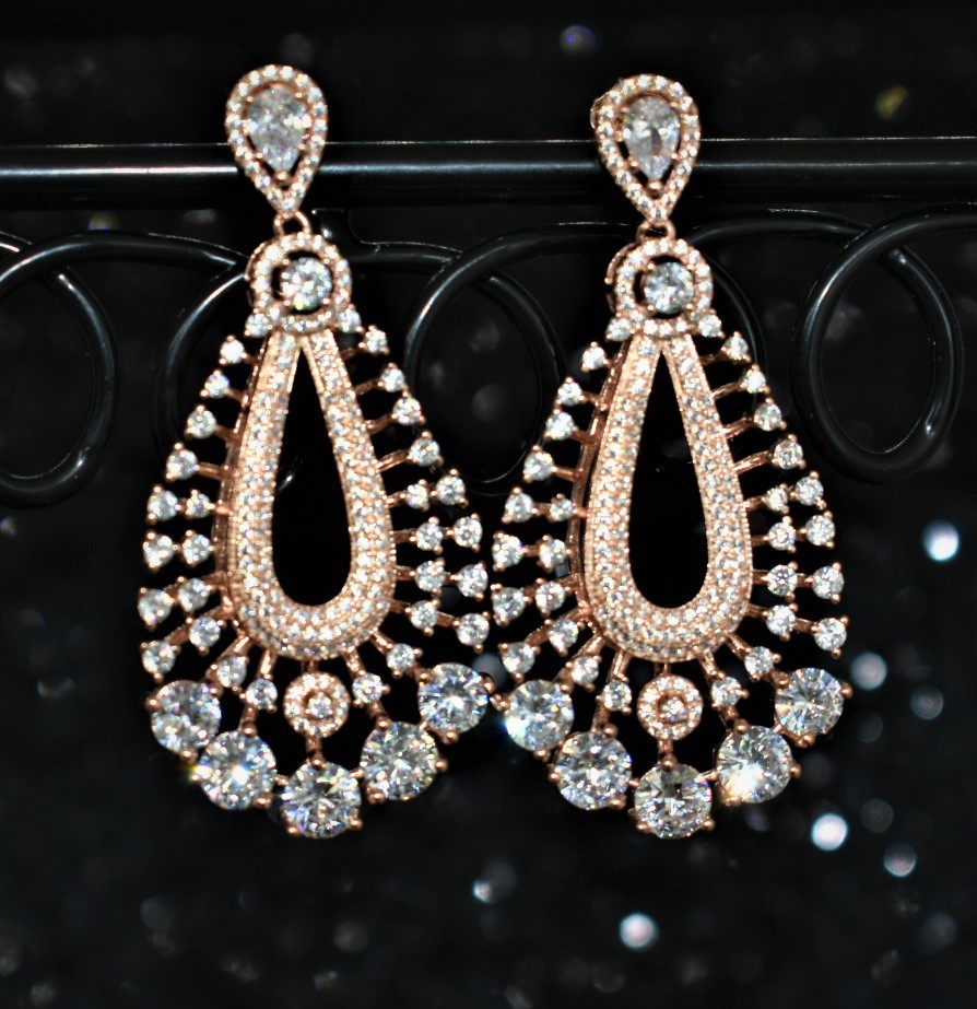 925 Sterling Silver Chandelier Earrings Rose Gold Plated With White Cubic Zirconia 