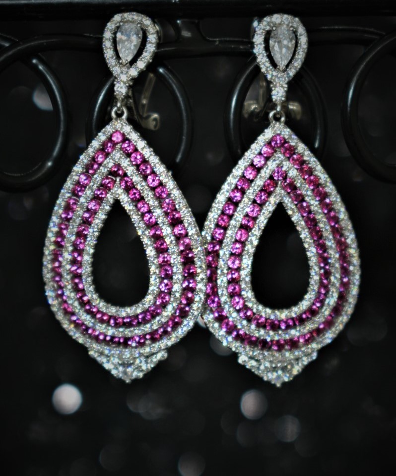 925 Sterling Silver Chandelier Earrings With White Cubic Zirconia and Ruby