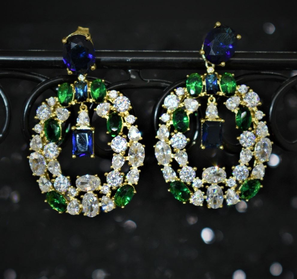 925 Sterling Silver Chandelier Earrings Yellow Gold Plated With White Cubic Zirconia Emerald and Sapphire