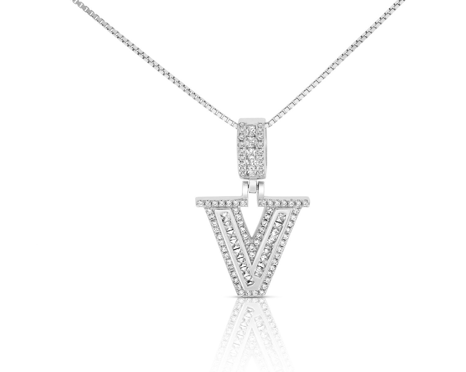Sterling Silver Mini Baguette Initial " V " Necklace